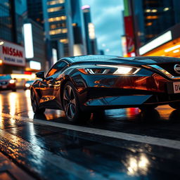 A sleek and modern Nissan car showcased in an urban setting, with vibrant city lights reflecting off its polished surface at twilight