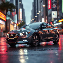 A sleek and modern Nissan car showcased in an urban setting, with vibrant city lights reflecting off its polished surface at twilight