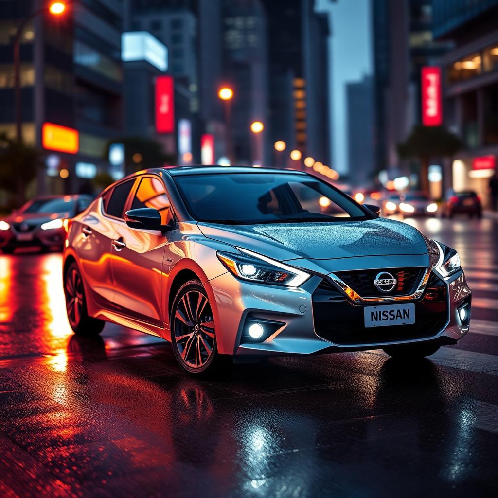 A sleek and modern Nissan car showcased in an urban setting, with vibrant city lights reflecting off its polished surface at twilight