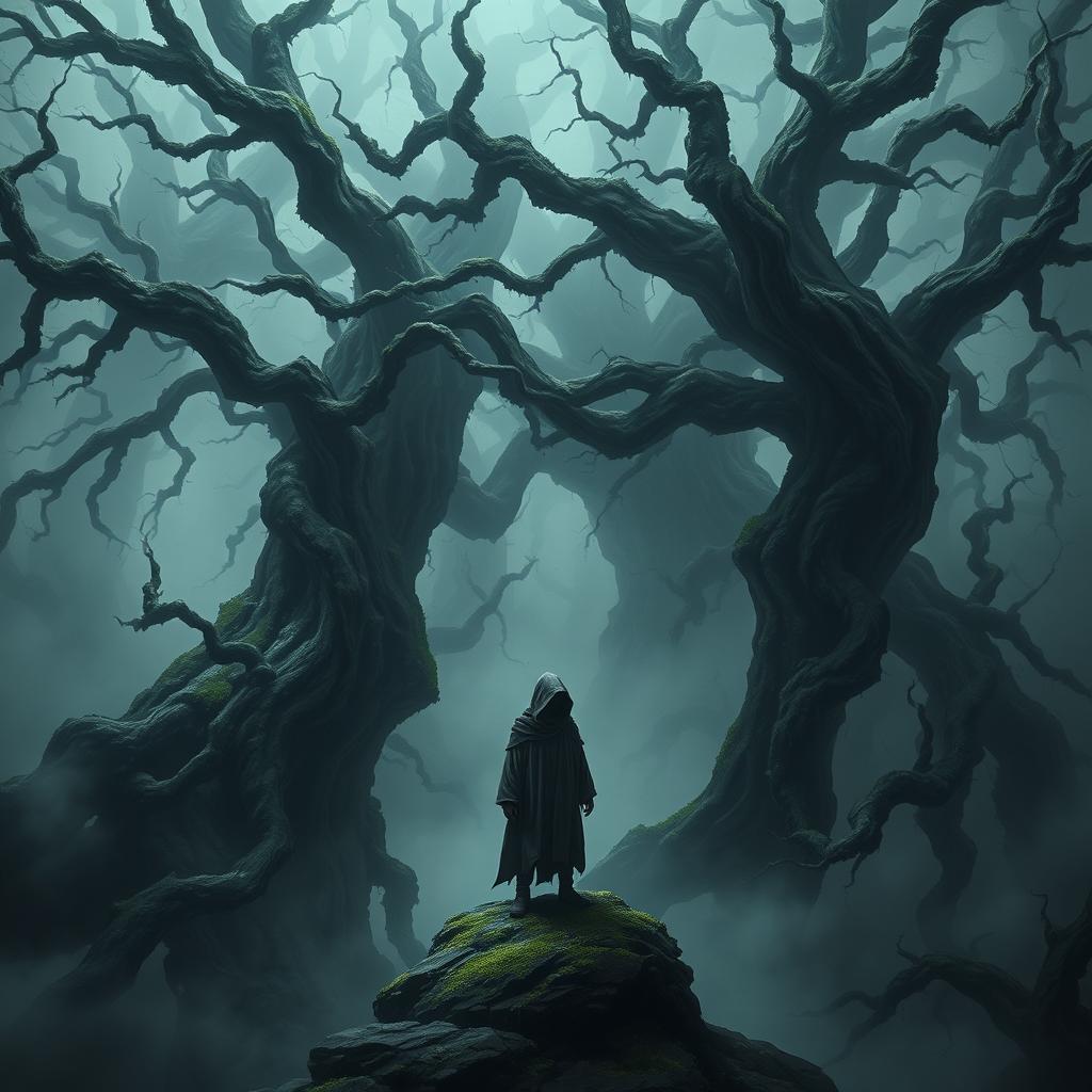 A dark and moody fantasy landscape titled 'Curse of the Shadows', depicting an ancient, twisted forest shrouded in an eerie mist