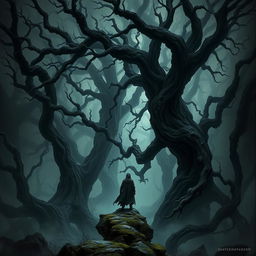 A dark and moody fantasy landscape titled 'Curse of the Shadows', depicting an ancient, twisted forest shrouded in an eerie mist