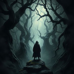 A dark and moody fantasy landscape titled 'Curse of the Shadows', depicting an ancient, twisted forest shrouded in an eerie mist