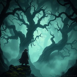 A dark and moody fantasy landscape titled 'Curse of the Shadows', depicting an ancient, twisted forest shrouded in an eerie mist