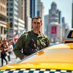 A simple soldier wearing a standard military uniform, standing behind a yellow taxi cab on an urban street