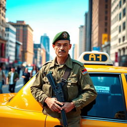 A simple soldier wearing a standard military uniform, standing behind a yellow taxi cab on an urban street