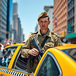 A simple soldier wearing a standard military uniform, standing behind a yellow taxi cab on an urban street