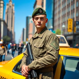 A simple soldier wearing a standard military uniform, standing behind a yellow taxi cab on an urban street