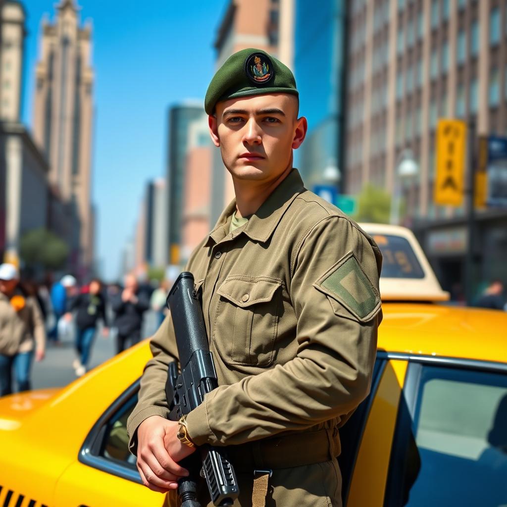 A simple soldier wearing a standard military uniform, standing behind a yellow taxi cab on an urban street