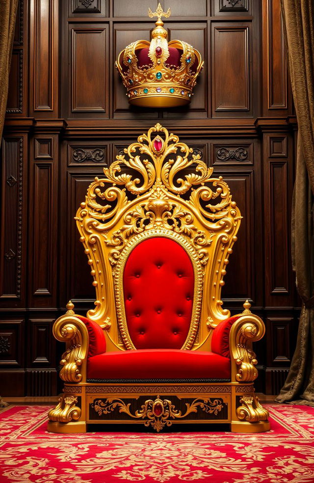 A magnificent gold throne set in a grand royal room, adorned with intricate carvings and plush red velvet cushions