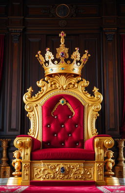 A magnificent gold throne set in a grand royal room, adorned with intricate carvings and plush red velvet cushions