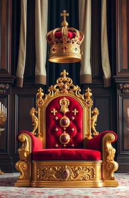 A magnificent gold throne set in a grand royal room, adorned with intricate carvings and plush red velvet cushions
