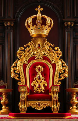 A magnificent gold throne set in a grand royal room, adorned with intricate carvings and plush red velvet cushions