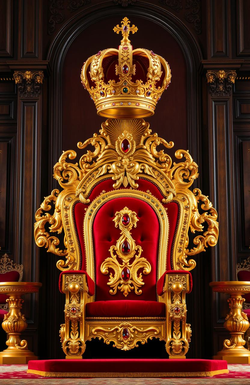 A magnificent gold throne set in a grand royal room, adorned with intricate carvings and plush red velvet cushions