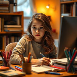 A young girl with hazel skin and black eyes, focused on studying at her computer