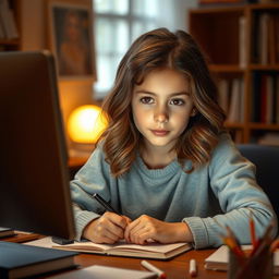 A young girl with hazel skin and black eyes, focused on studying at her computer
