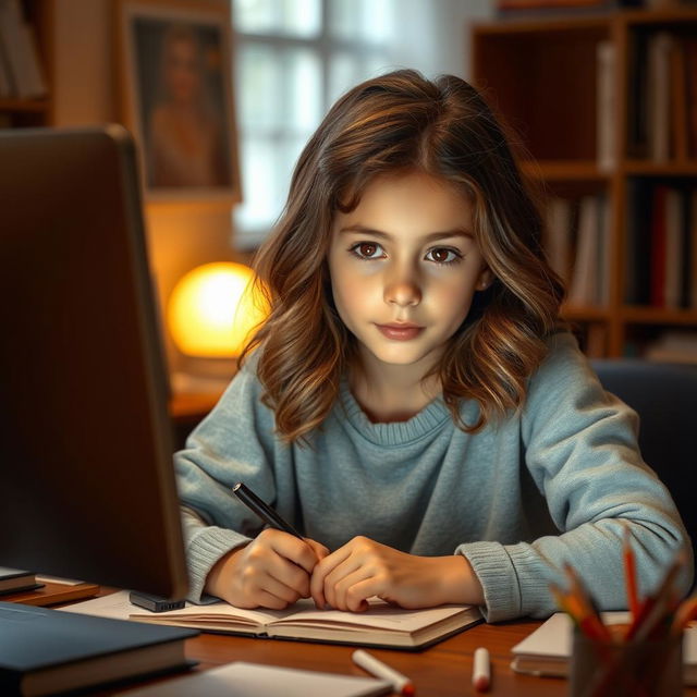 A young girl with hazel skin and black eyes, focused on studying at her computer