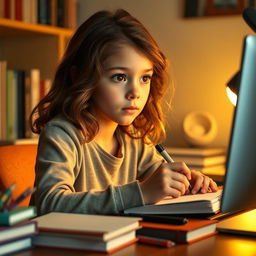 A young girl with hazel skin and black eyes, focused on studying at her computer