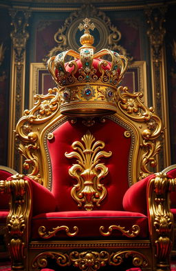A luxurious golden throne adorned with intricate designs, featuring plush red cushions