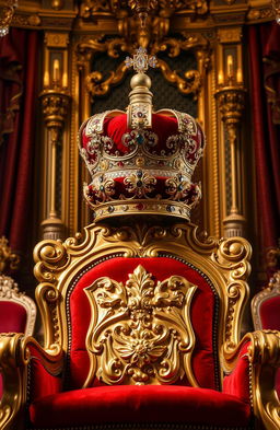 A luxurious golden throne adorned with intricate designs, featuring plush red cushions