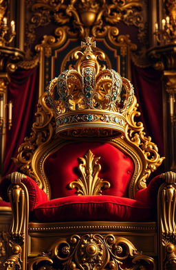 A luxurious golden throne adorned with intricate designs, featuring plush red cushions