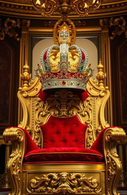 A luxurious golden throne adorned with intricate designs, featuring plush red cushions