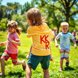A joyful scene in a sunny park where a 6-year-old boy is playfully carrying his 3-year-old sister on his back