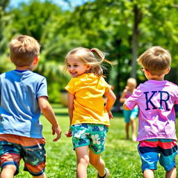 A joyful scene in a sunny park where a 6-year-old boy is playfully carrying his 3-year-old sister on his back