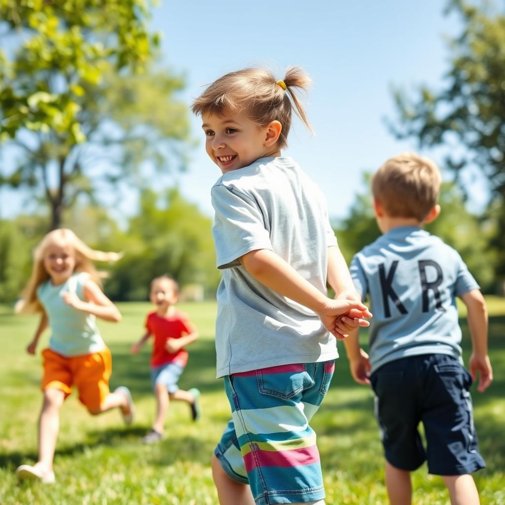 A joyful scene in a sunny park where a 6-year-old boy is playfully carrying his 3-year-old sister on his back