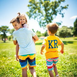 A joyful scene in a sunny park where a 6-year-old boy is playfully carrying his 3-year-old sister on his back