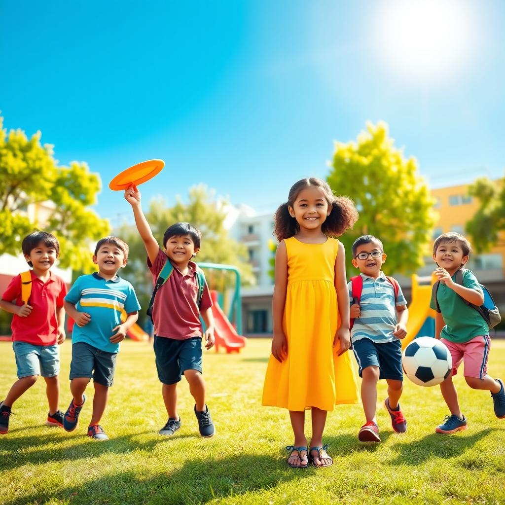 A vibrant and lively school ground scene featuring one girl and seven boys of diverse ethnicities