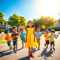 A vibrant and lively school ground scene featuring one girl and seven boys of diverse ethnicities