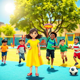 A vibrant and lively school ground scene featuring one girl and seven boys of diverse ethnicities