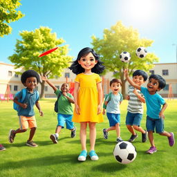A vibrant and lively school ground scene featuring one girl and seven boys of diverse ethnicities