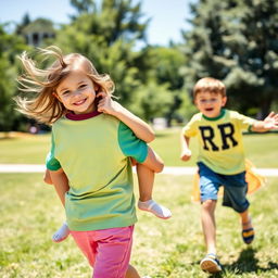 A joyful scene in a sunny park where a 6-year-old boy is playfully carrying his 3-year-old sister on his back