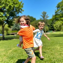 A joyful scene in a sunny park where a 6-year-old boy is playfully carrying his 3-year-old sister on his back
