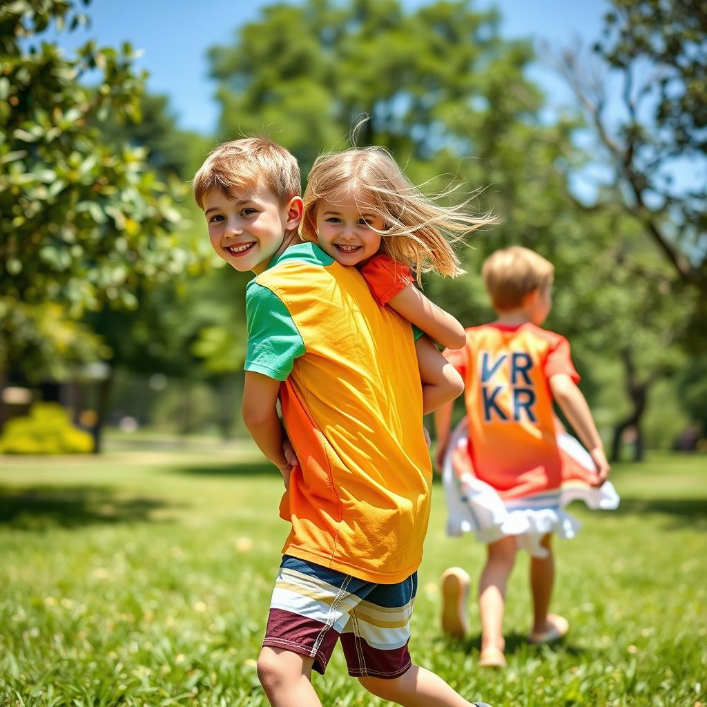 A joyful scene in a sunny park where a 6-year-old boy is playfully carrying his 3-year-old sister on his back