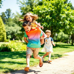 A joyful scene in a sunny park where a 6-year-old boy is playfully carrying his 3-year-old sister on his back
