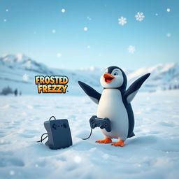 A cute penguin joyfully playing the video game 'Frosted Frenzy' in a snowy landscape