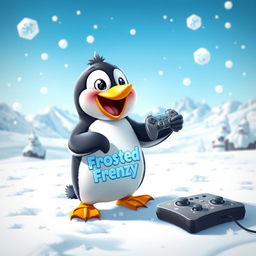 A cute penguin joyfully playing the video game 'Frosted Frenzy' in a snowy landscape
