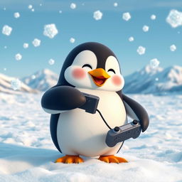 A cute penguin joyfully playing the video game 'Frosted Frenzy' in a snowy landscape