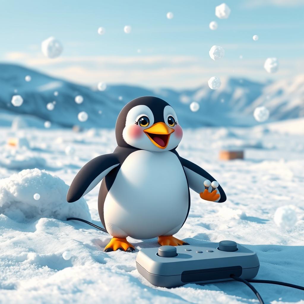 A cute penguin joyfully playing the video game 'Frosted Frenzy' in a snowy landscape