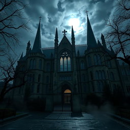 A large, imposing gothic school building shrouded in shadows, with tall spires reaching up into a cloudy night sky