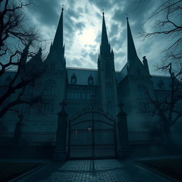 A large, imposing gothic school building shrouded in shadows, with tall spires reaching up into a cloudy night sky