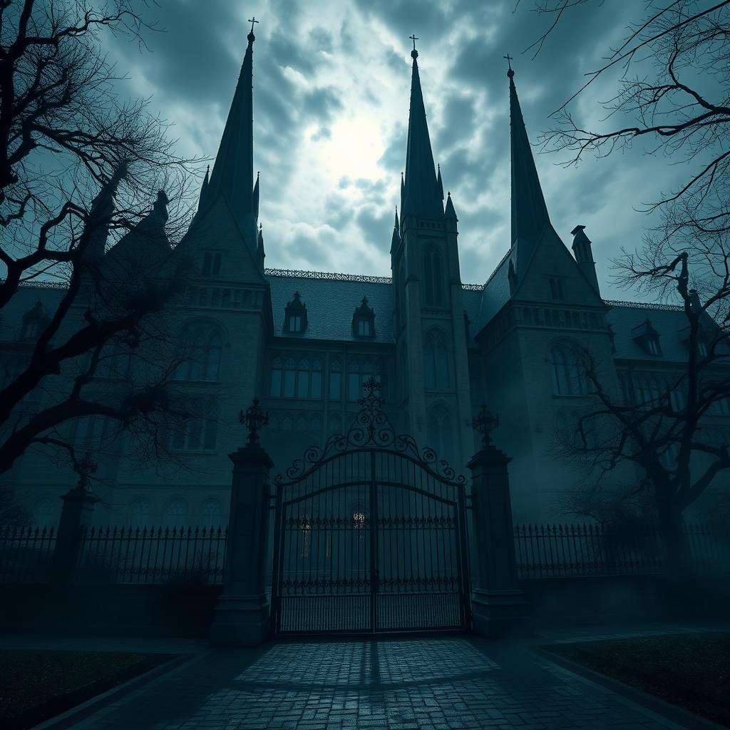 A large, imposing gothic school building shrouded in shadows, with tall spires reaching up into a cloudy night sky