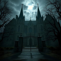 A large, imposing gothic school building shrouded in shadows, with tall spires reaching up into a cloudy night sky