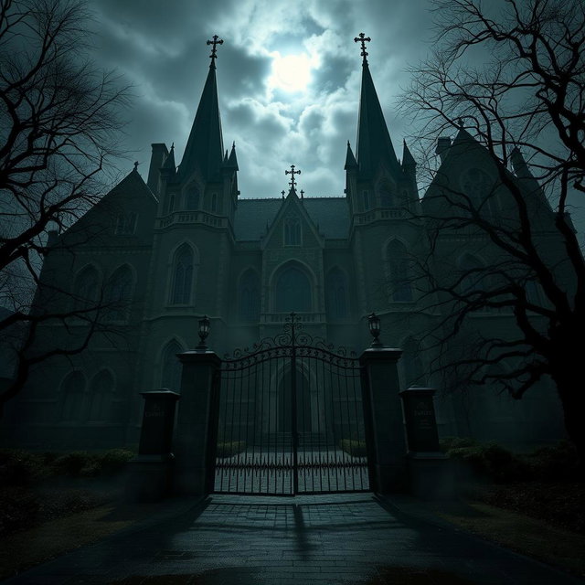 A large, imposing gothic school building shrouded in shadows, with tall spires reaching up into a cloudy night sky