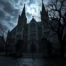 A large, imposing gothic school building shrouded in shadows, with tall spires reaching up into a cloudy night sky