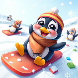 A cute penguin wearing a colorful scarf, joyfully playing a game called Frosted Frenzy in a snowy setting