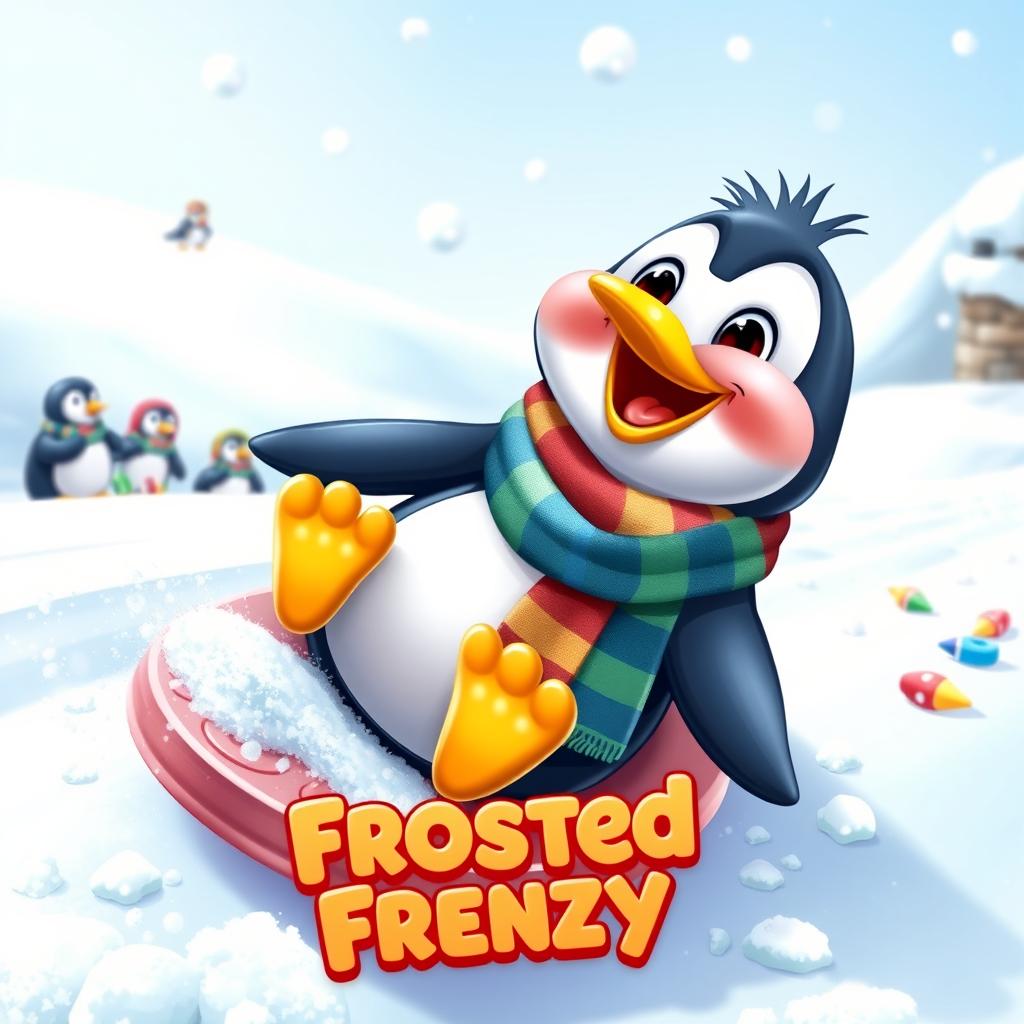 A cute penguin wearing a colorful scarf, joyfully playing a game called Frosted Frenzy in a snowy setting