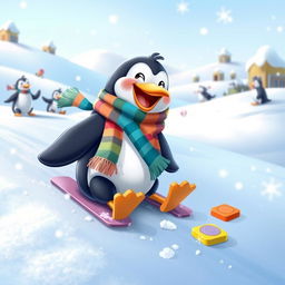 A cute penguin wearing a colorful scarf, joyfully playing a game called Frosted Frenzy in a snowy setting